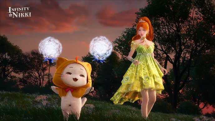 Momo can be seen playing with two dandelions in Infinity Nikki while Nikki looks on