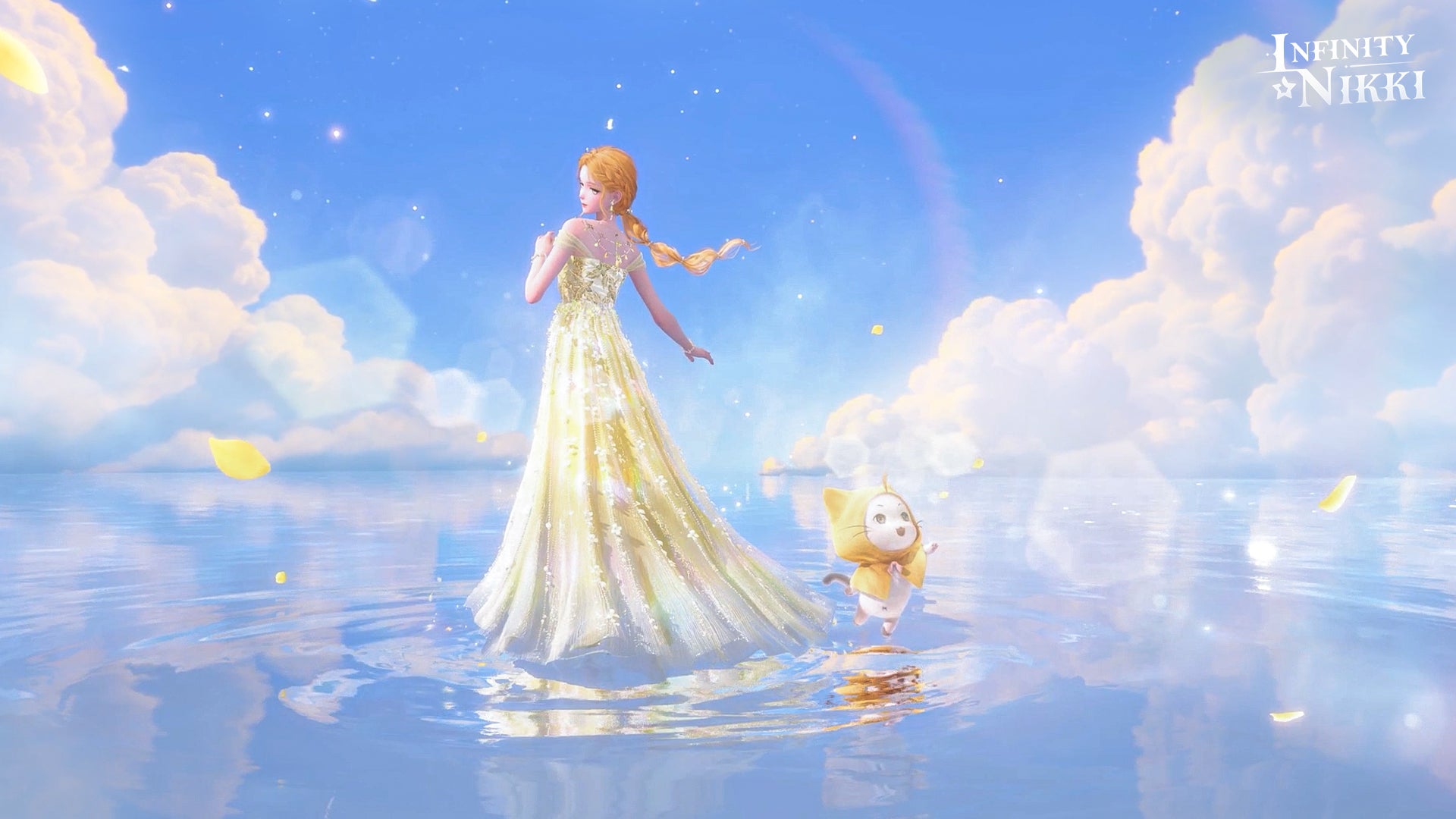 Nikki can be seen wearing an evolution of the Blossoming Stars outfit in Infinity Nikki, with Momo standing beside her