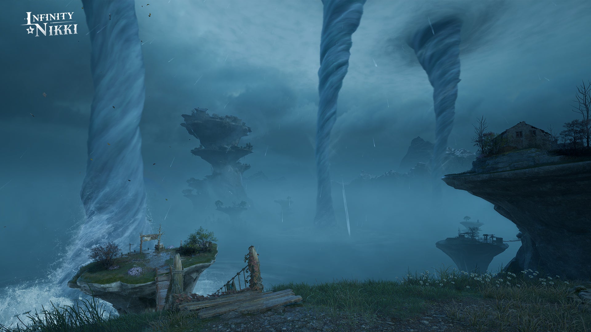 Three tornados can be seen in the Abandoned District region of Infinity Nikki