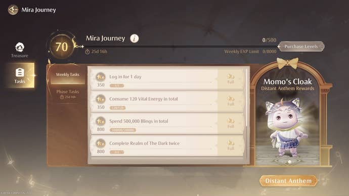 The battle pass interface in Infinity Nikki showing weekly tasks.