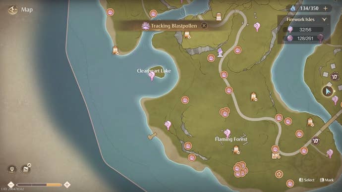 Map view of Blastpollen locations in Infinity Nikki.