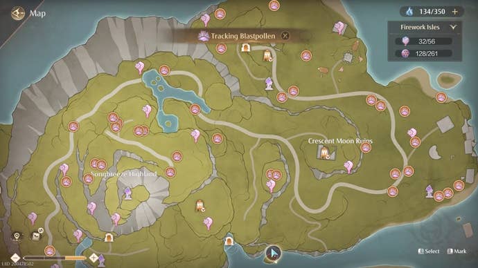 Map view of Blastpollen locations in Infinity Nikki.