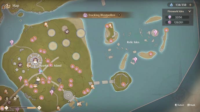 Map view of Blastpollen locations in Infinity Nikki.