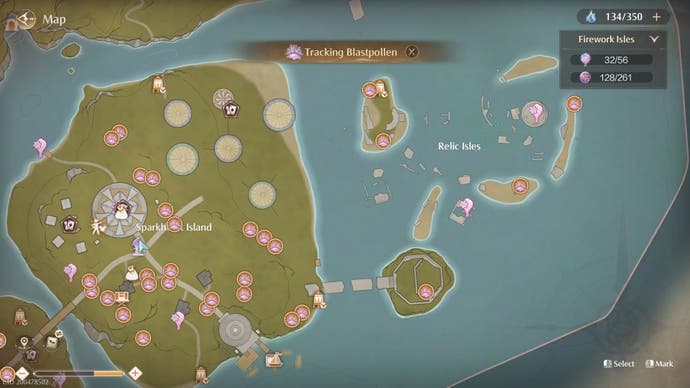 Map view of Blastpollen locations in Infinity Nikki.