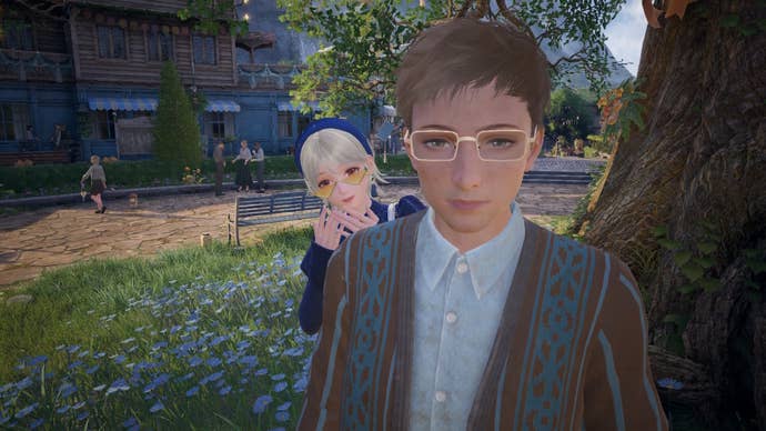 Nikki posing behind Clementine’s back in Infinity Nikki.