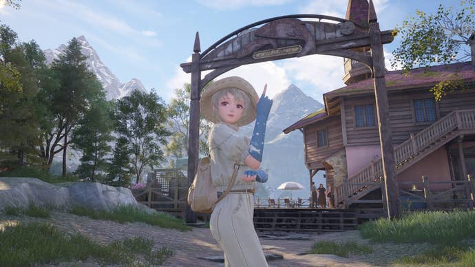 Nikki in her fishing outfit pointing to the Fishing Association behind her in Infinity Nikki.