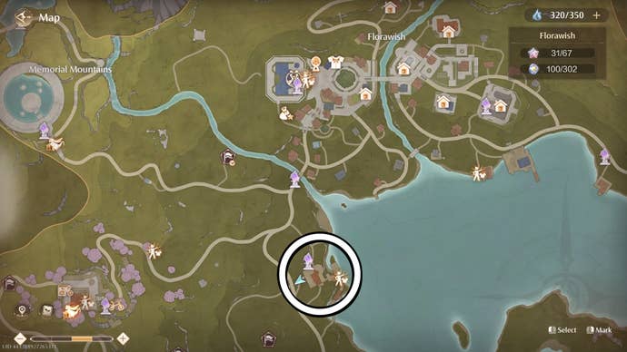 Circle on the map of Infinity Nikki showing the Fishing Association’s location.