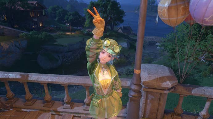 Nikki posing in the Froggy Fashion outfit beside a lampost in Infinity Nikki.