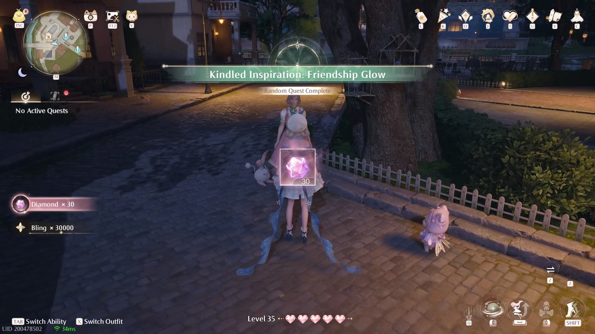 Getting Diamonds and Bling as a reward for the Friendship Glow Kindled Inspiration in Infinity Nikki.