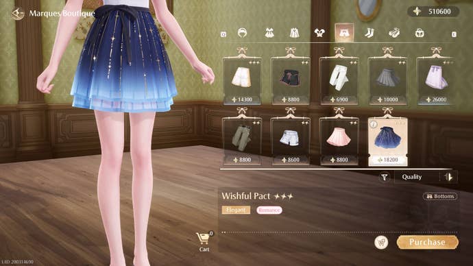 The player looks at purchasing the Wishful Pact skirt from Marques Boutique in Infinity Nikki