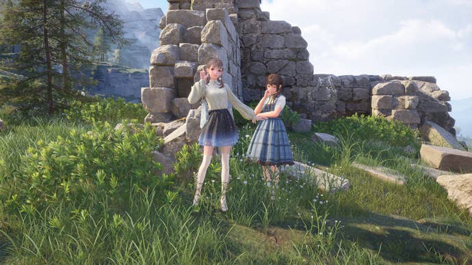Nikki stands beside Rosy on the path leading to the Dream Warehouse in Infinity Nikki