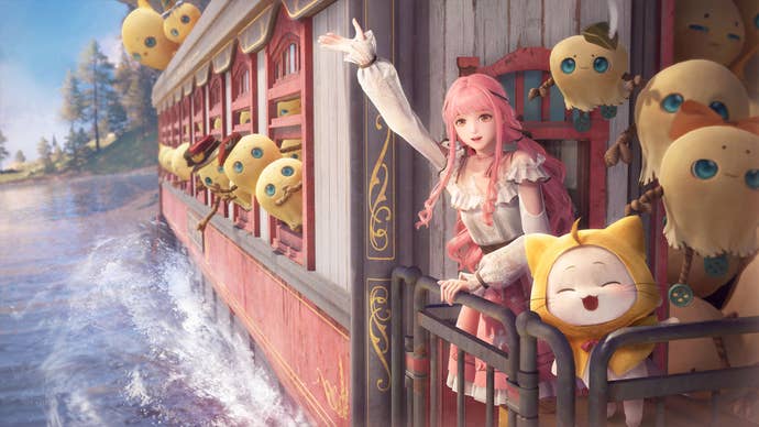 Nikki and Momo can be seen riding a train through water in Infinity Nikki’s Gamescom trailer