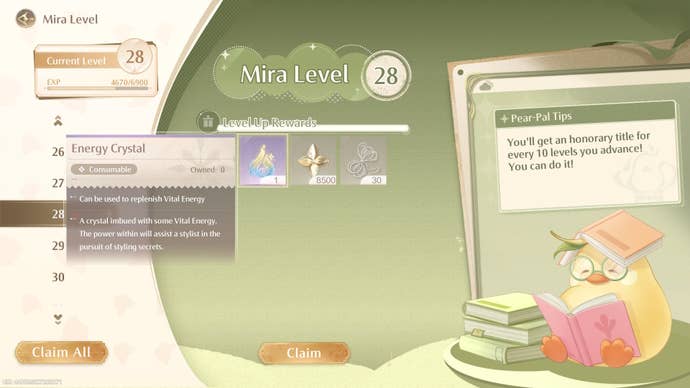 The Mira Level menu in Infinity Nikki with an Energy Crystal item selected.