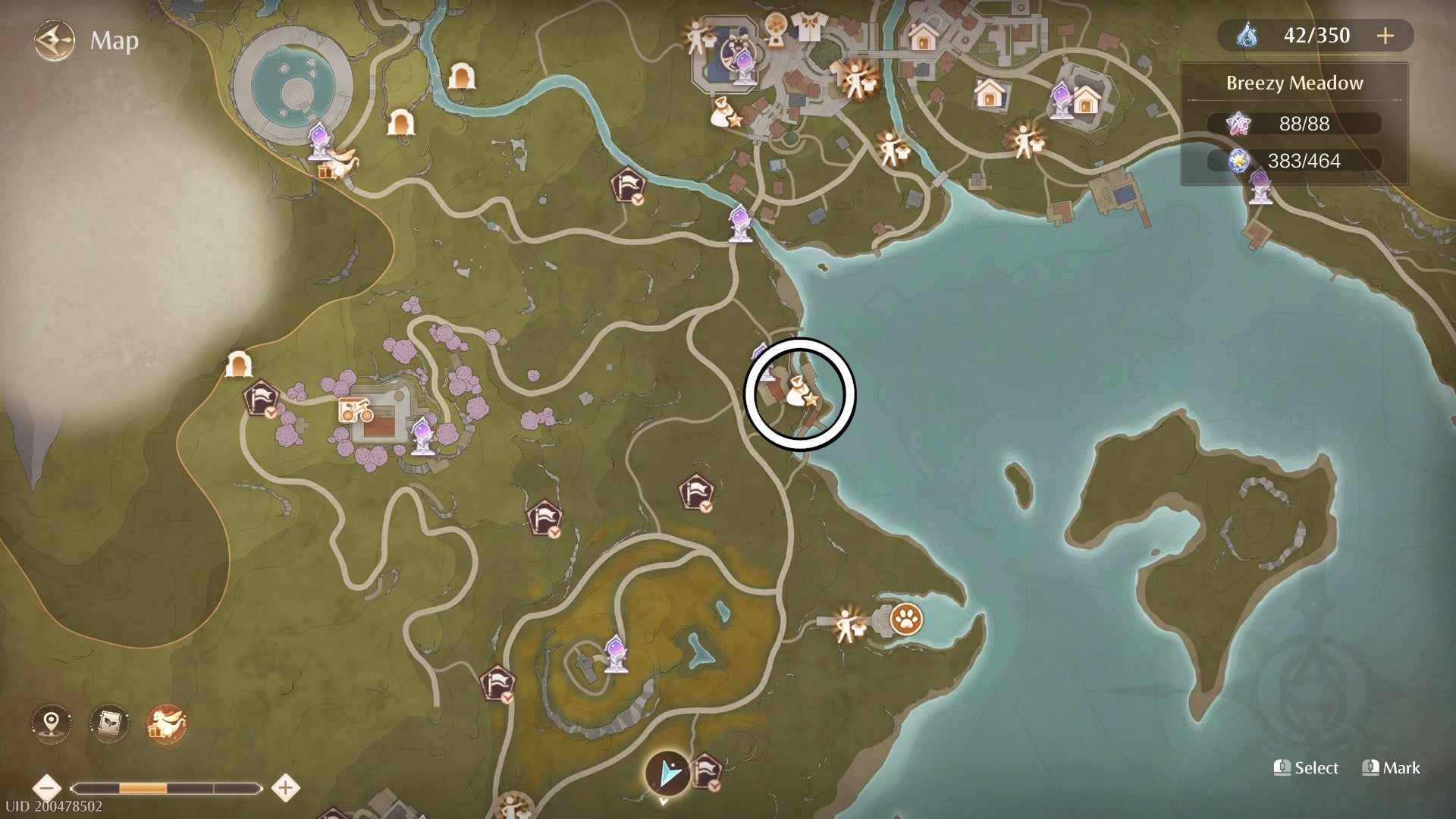 Circled map view of Mitcheli&rsquo;s shop in Infinity Nikki.