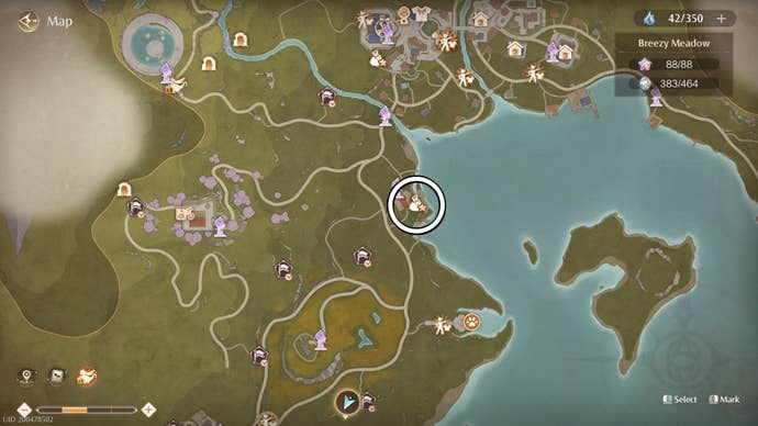 Circled map view of Mitcheli’s shop in Infinity Nikki.