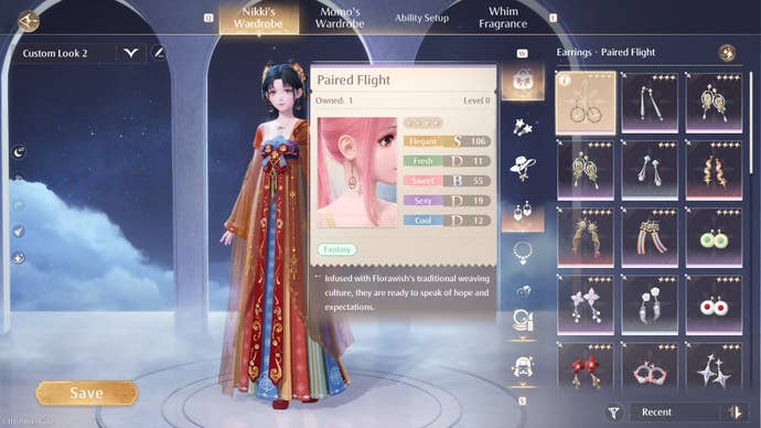 The Paired Flight earring description selected in the Warbobe menu of Infinity Nikki.