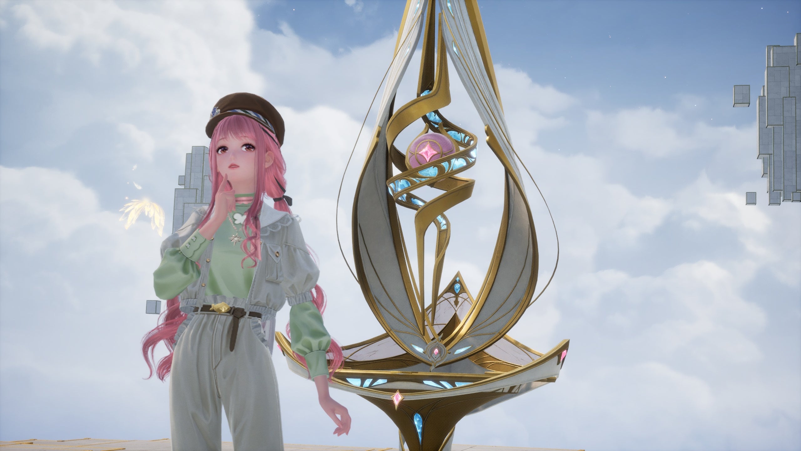 Nikki doing a thinking pose by the Realm of Escalation console in Infinity Nikki.