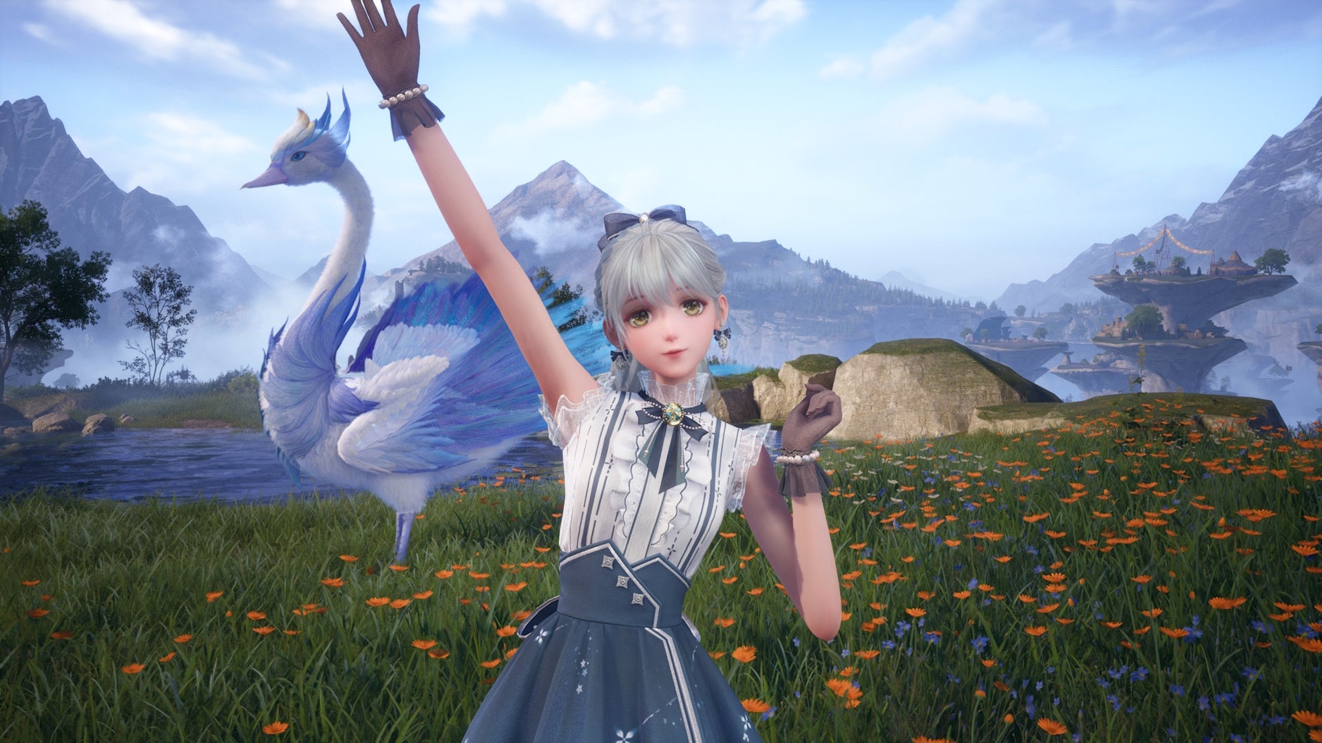 Nikki waving with the Astral Swan behind her in the Stellar Fishing Ground area in Infinity Nikki.