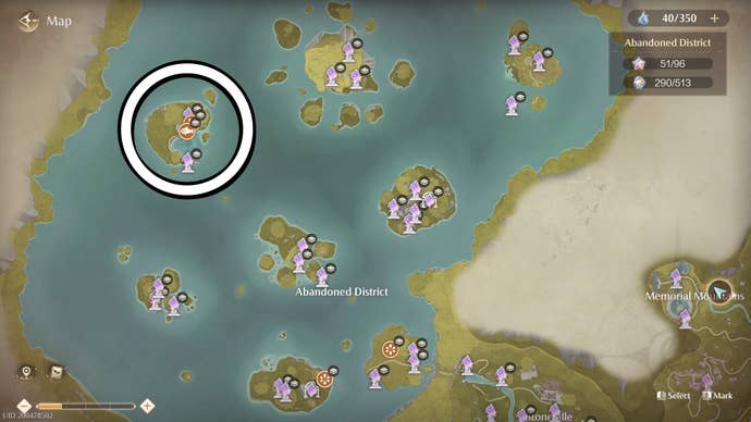 White circle showing the Stellar Fishing Ground map location in Infinity Nikki.