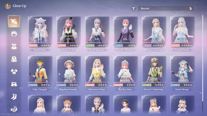 The Glow Up menu is shown in Infinity Nikki, with various outfits available to upgrade on display