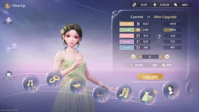 The player is looking at the Glow Up (upgrade) menu for the Blossoming Stars outfit in Infinity Nikki