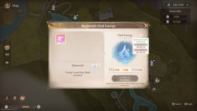 The Vital Energy pop-up menu on the map in Infinity Nikki showing how much Vital Energy is stored, and how long until the next point is gained.