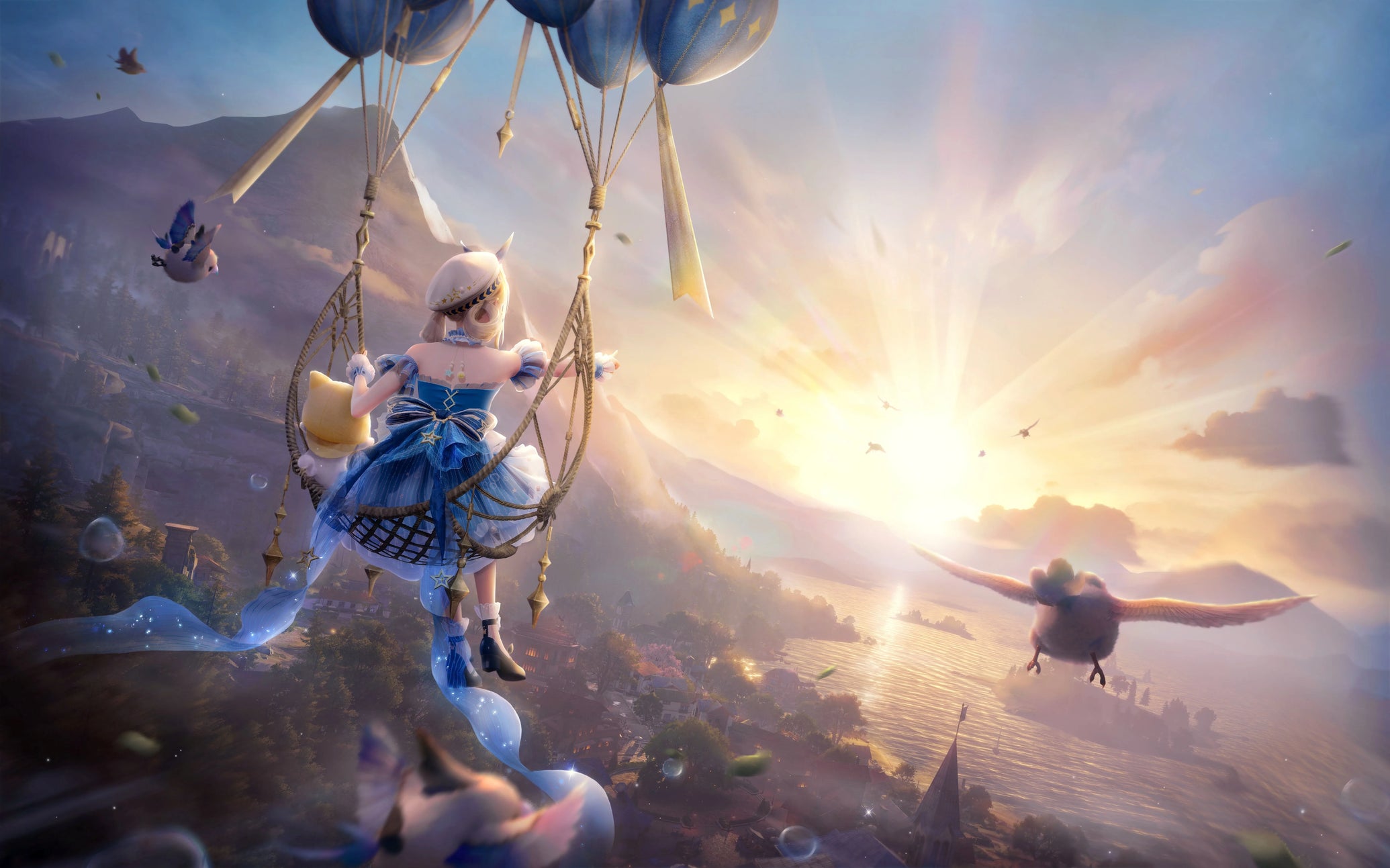 A young girl in a blue dress using balloons to fly through towards the sunset in Infinity Nikki - 1