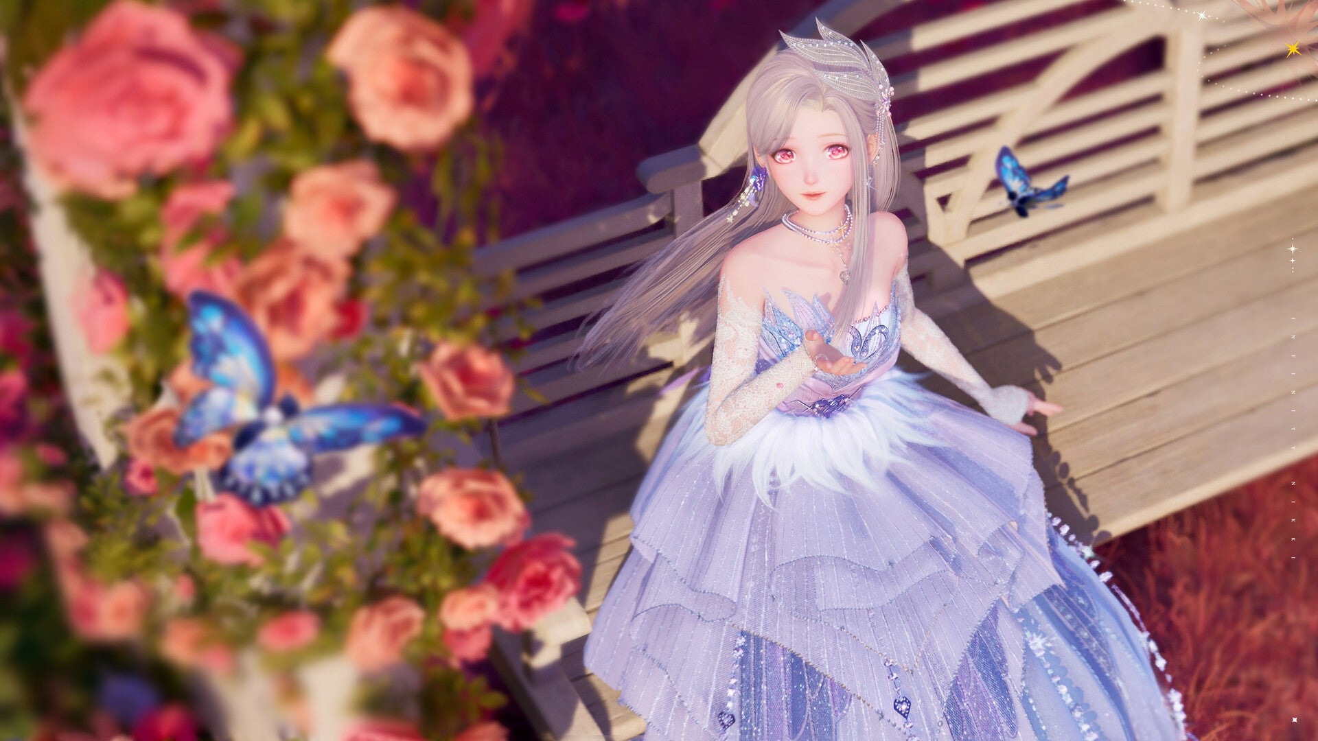 Infinity Nikki screenshot showing a fair haired female in an opulent ballgown sitting on an outdoor bench