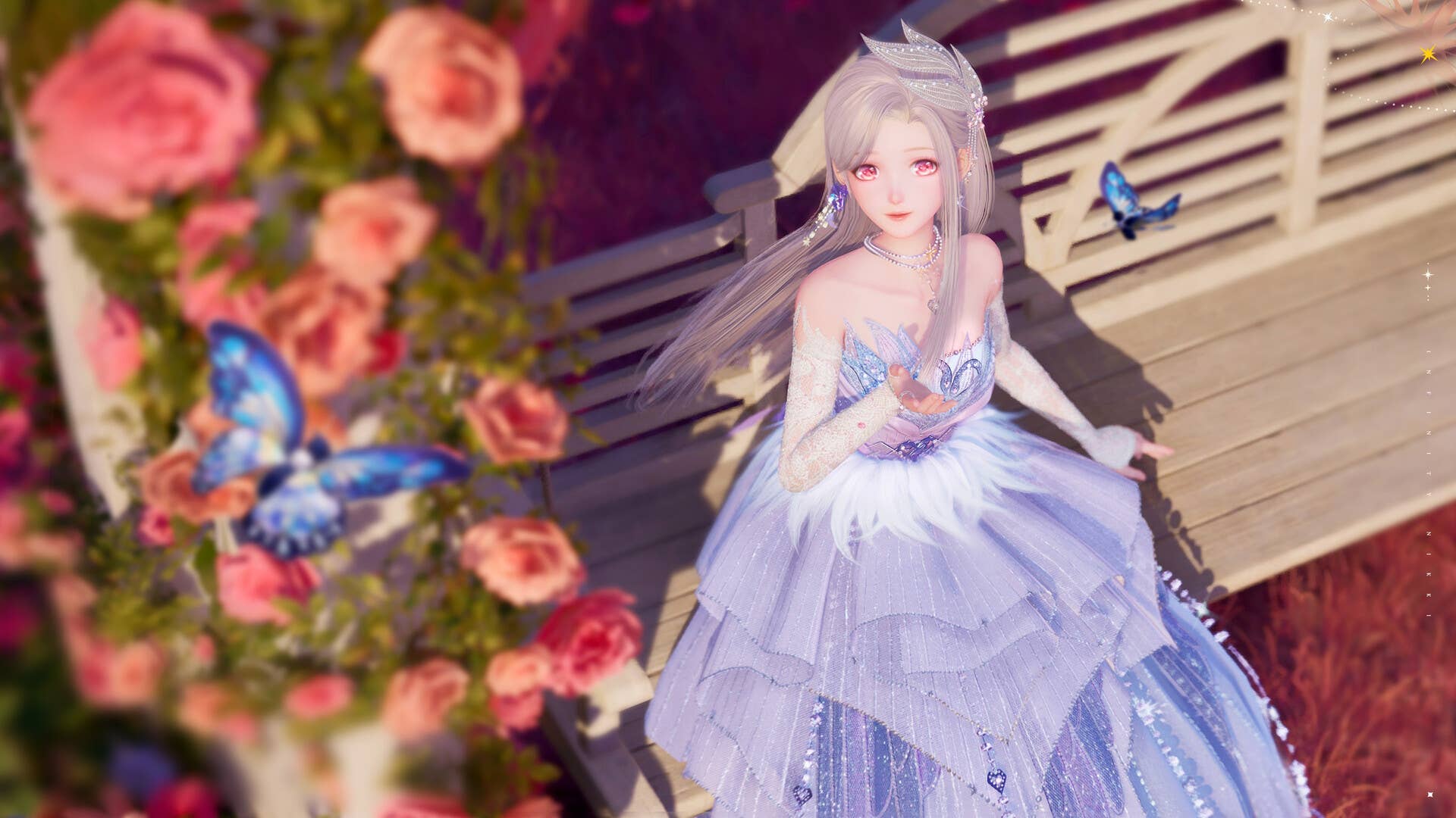 Infinity Nikki screenshot showing a fair haired female in an opulent ballgown sitting on an outdoor bench