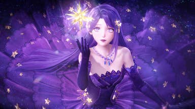 Infinity Nikki screenshot showing a purple haired female with purple eyes wearing a voluminous purple dress and long gloves