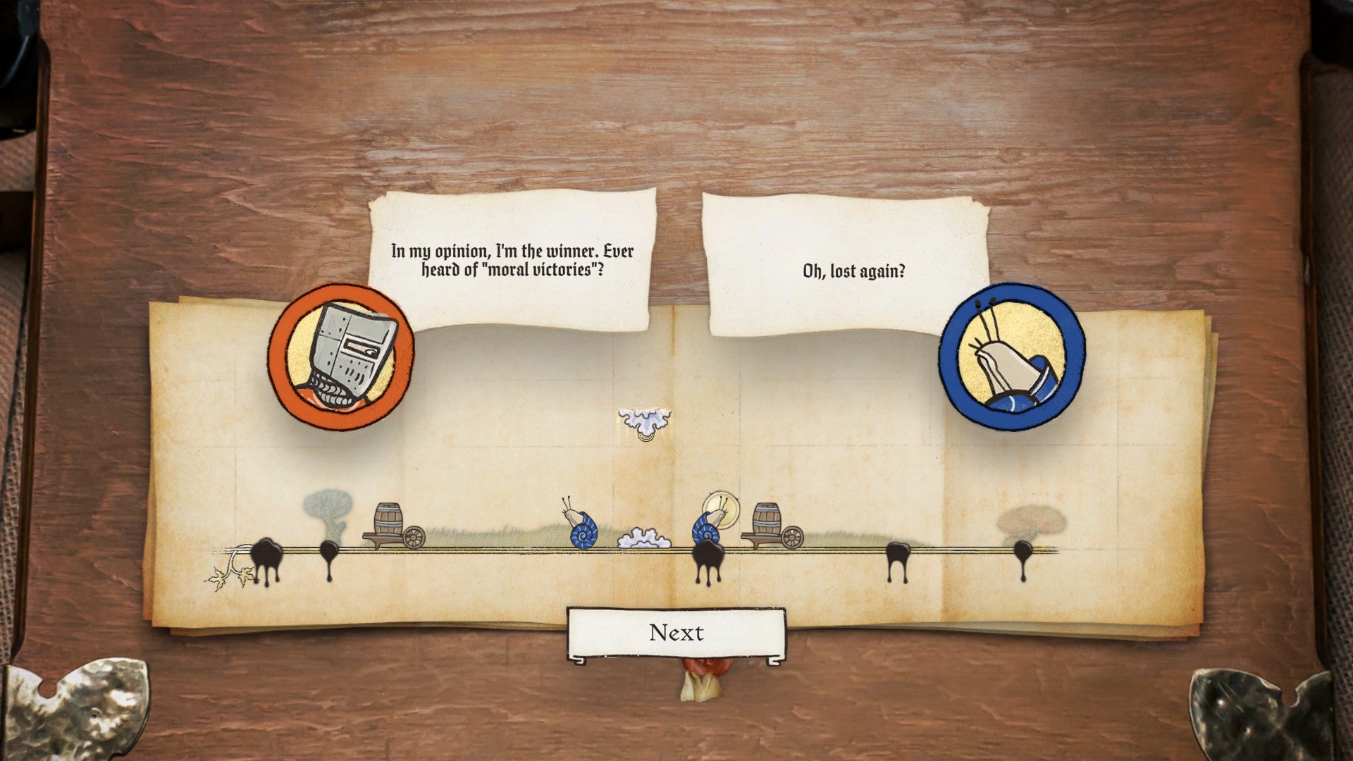 Ikulinati review - the defeat screen with the defeated knight saying &lsquo;in my opinion, I&rsquo;m the winner. Ever heard of moral victories?'