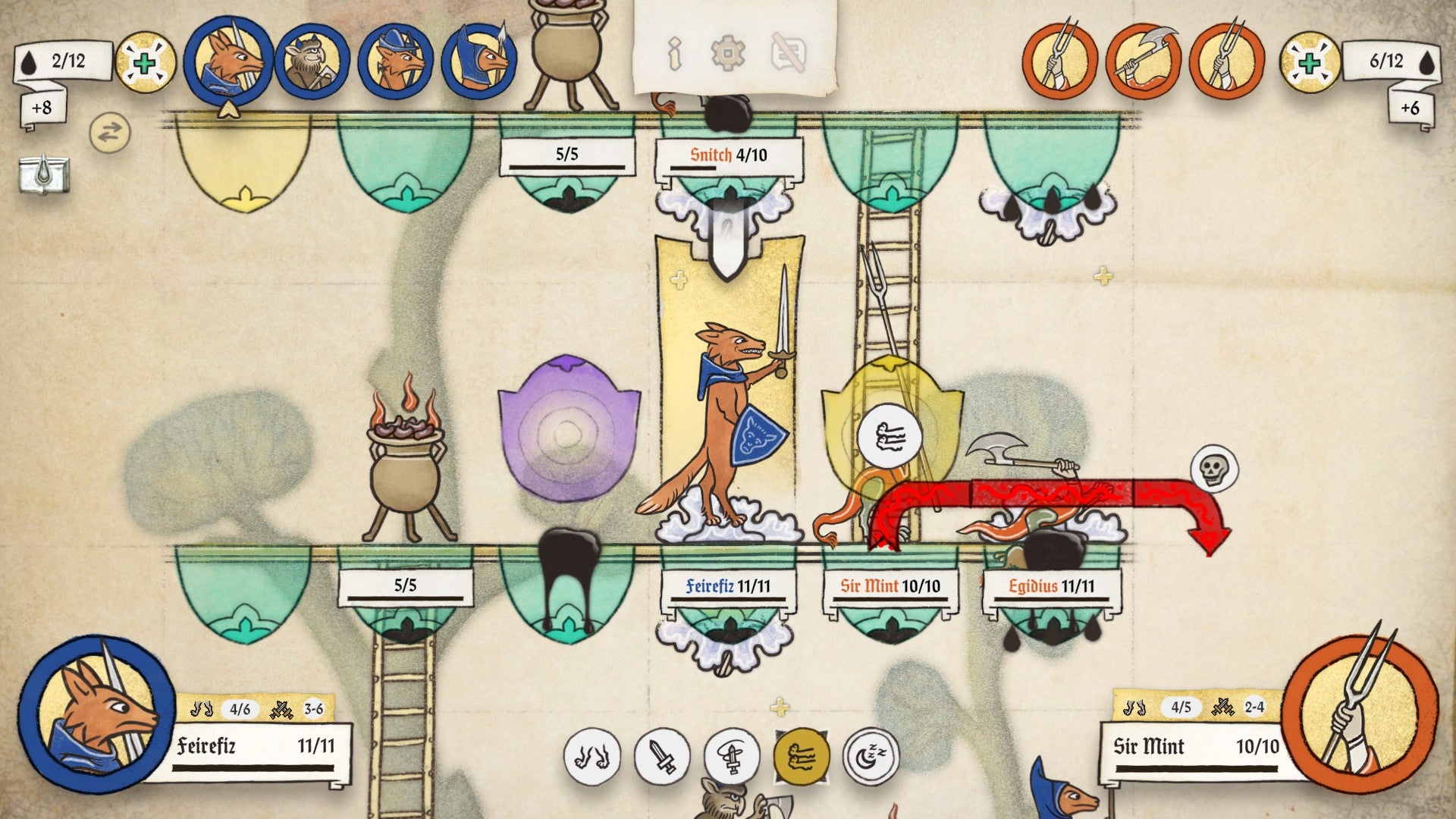 Ikulinati review - a character shovving another off the edge of the battle area