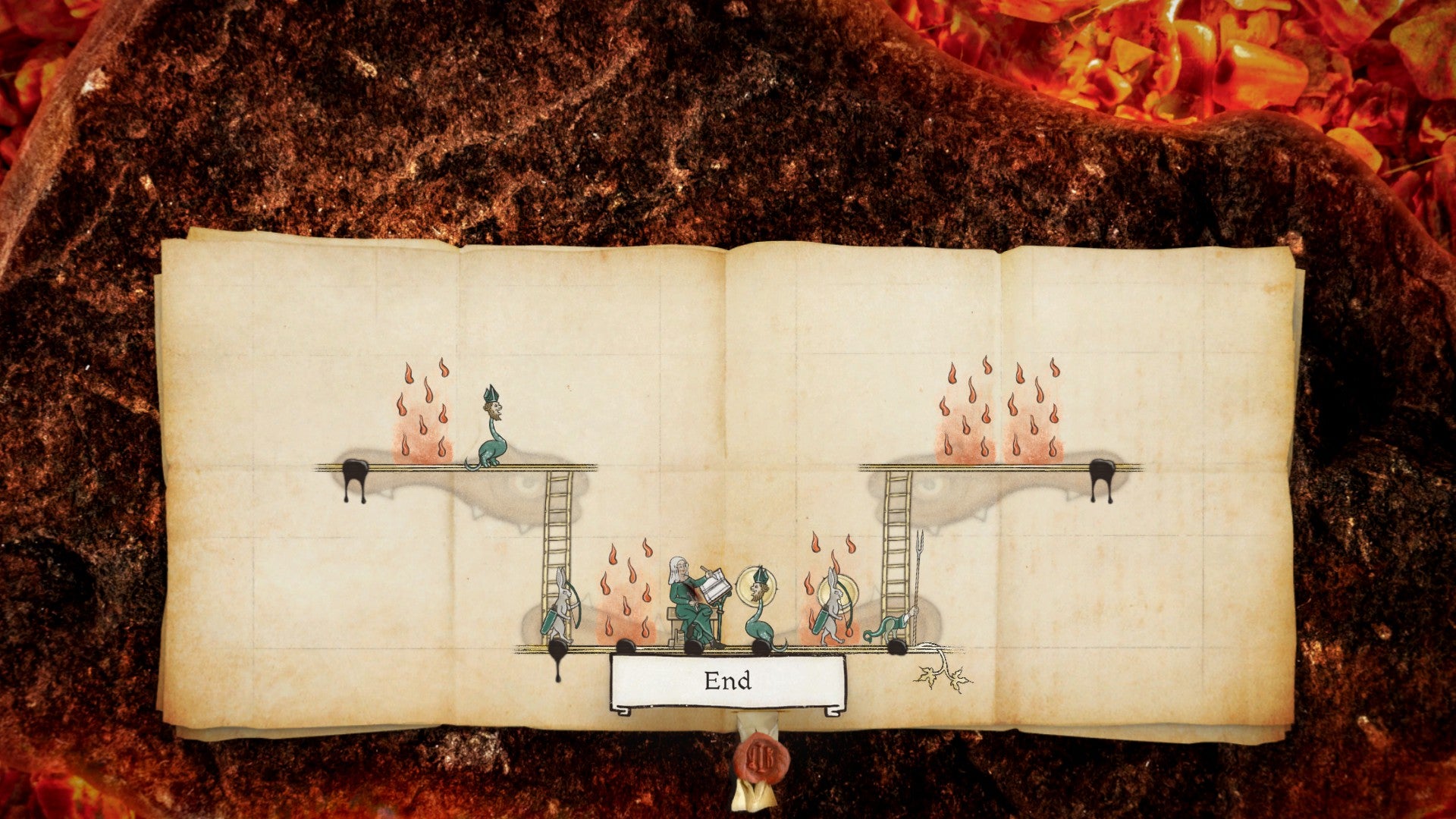 Ikulinati review - a victory screen with everything on fire