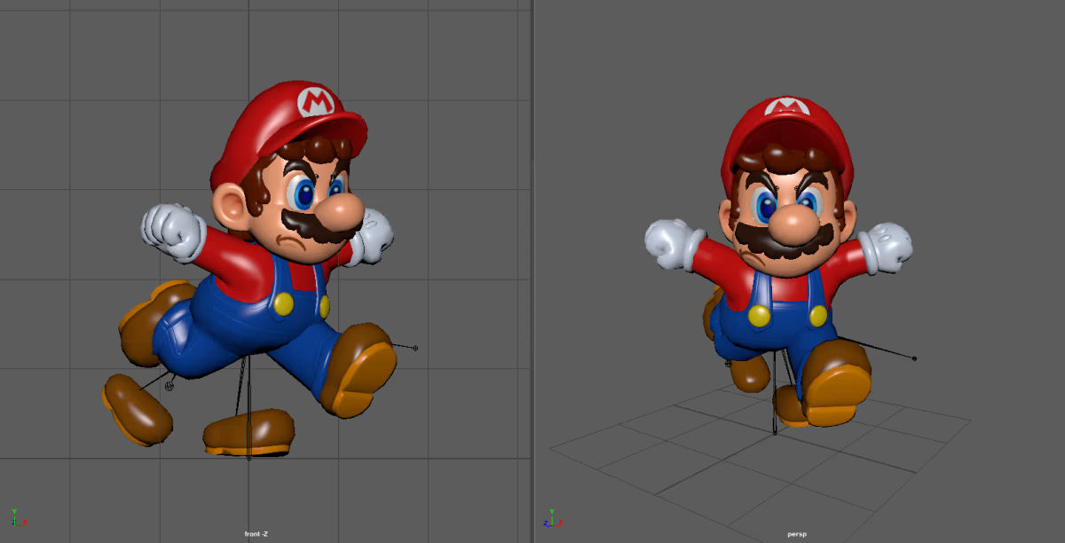a view of Mario in a 3D editor, showing the model&rsquo;s expressiveness in two different orientations.