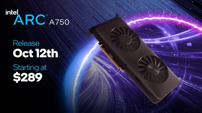 A promotional slide detailing the Intel Arc A750 price and release date.