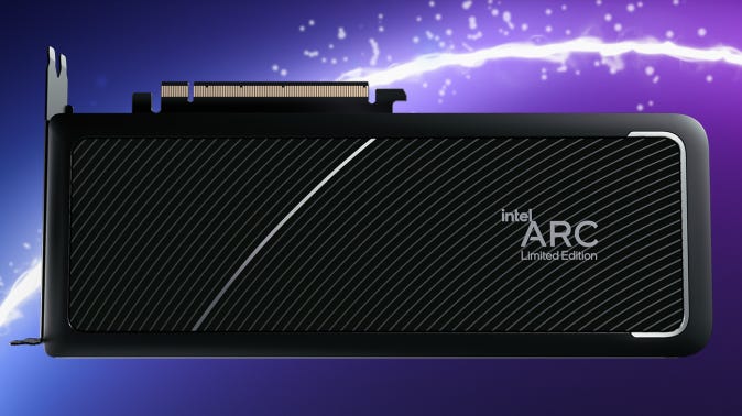A render of an Intel Arc A770 Limited Edition graphics card.