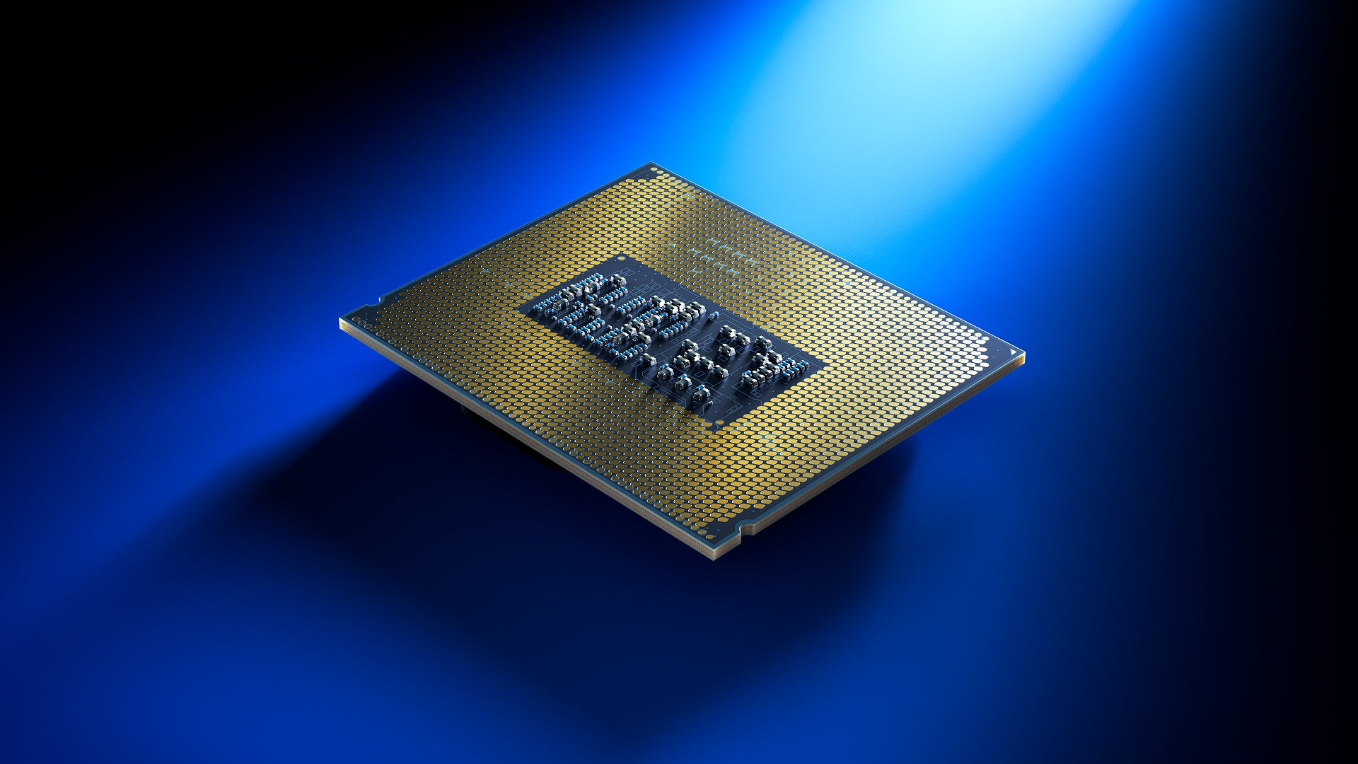 A CG render of an Intel Core Ultra 200S processor, viewed from the underside. - 4