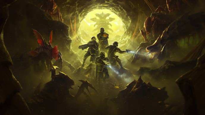 Four Helldivers successful enactment warring bugs underground with a yellow-lit cave rima down them successful the Into the Unjust update.