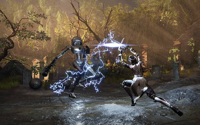An electrical attack against a clockwork lantern-thrower in Steelrising