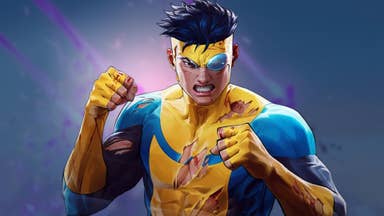 Invincible, the character from the series Invincible, stands with his dukes up in a yellow and blue suit, looking battered.