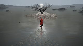 Invisible Sun promotional art showing a figure in red approaching a solitary true in the middle of a featureless swamp.