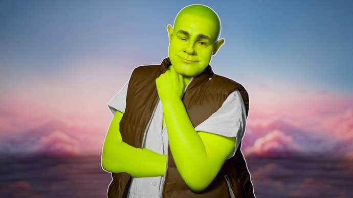 A Shrek-like, very green but human-looking character, stroking their chin and looking thoughtful. They’ve got one of those awful gilet jackets on that people wear in the countryside - a sleeveless puffer - and they have buzzed hair. And they’re radioactive green - did I mention that? It’s so cursed, this image. So cursed.
