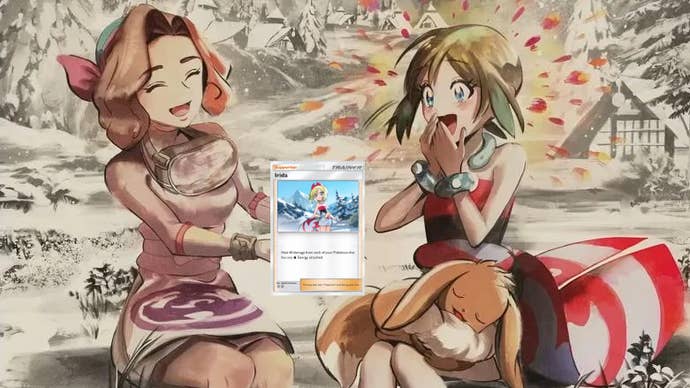 Still from the Hisuian Snow Japanese credits showing Irida looking excited in painterly style, looking at a cropped Irida TCG Pocket card.