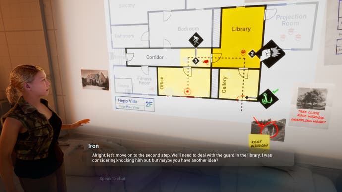 نسخه ی نمایشی بازی Ubisoft Neo NPC که شخصیتی را نشان می دهد که به نقشه های ساختمانی که بر روی دیوار طراحی شده است نگاه می کند.