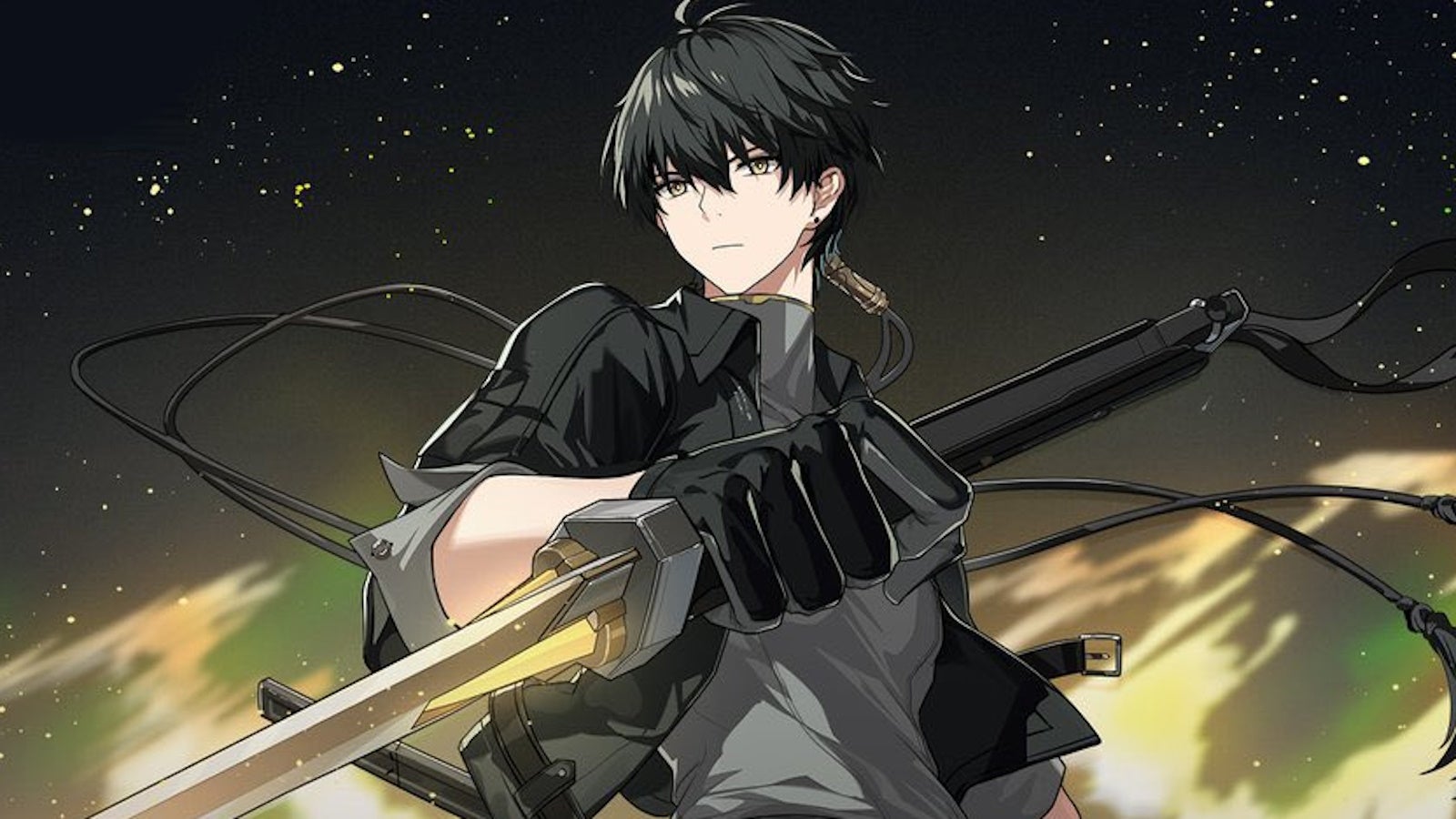 Promotional artwork of the male Rover on a dark, starry night background, with a sword brandished in front of the male Rover.