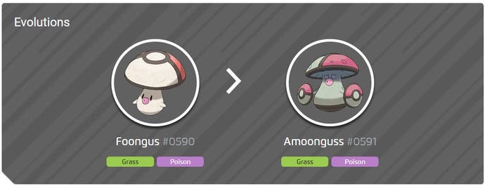 official evolution line of foongus showing its poison grass type and evolution amoonguss