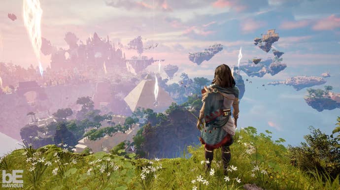 Robed character stands on a cliff’s edge, staring down at floating islands in Islands Of Insight