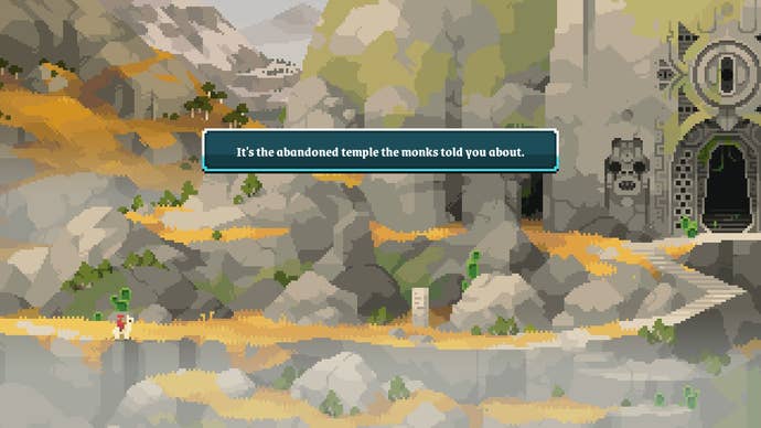 The hero approaches a huge and melancholic temple in Arco. Text reads: It’s the abandoned temple the monks told you about.