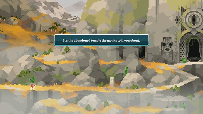 Pahlawan mendekati kuil besar dan melankolis di Arco. Teksnya berbunyi: Itu adalah kuil terbengkalai yang diceritakan para biksu kepadamu.