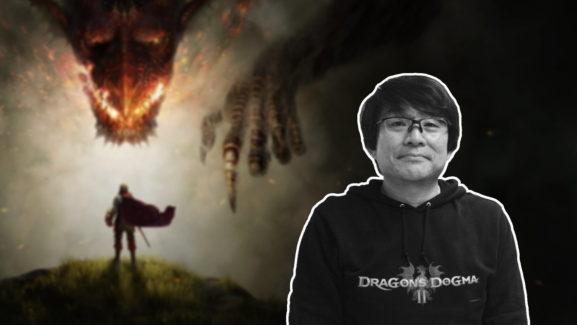 A bust shot of Hideaki Itsuno with a blurred image of a Dragon pointing at a human behind him, from Dragon's Dogma 1. - 1